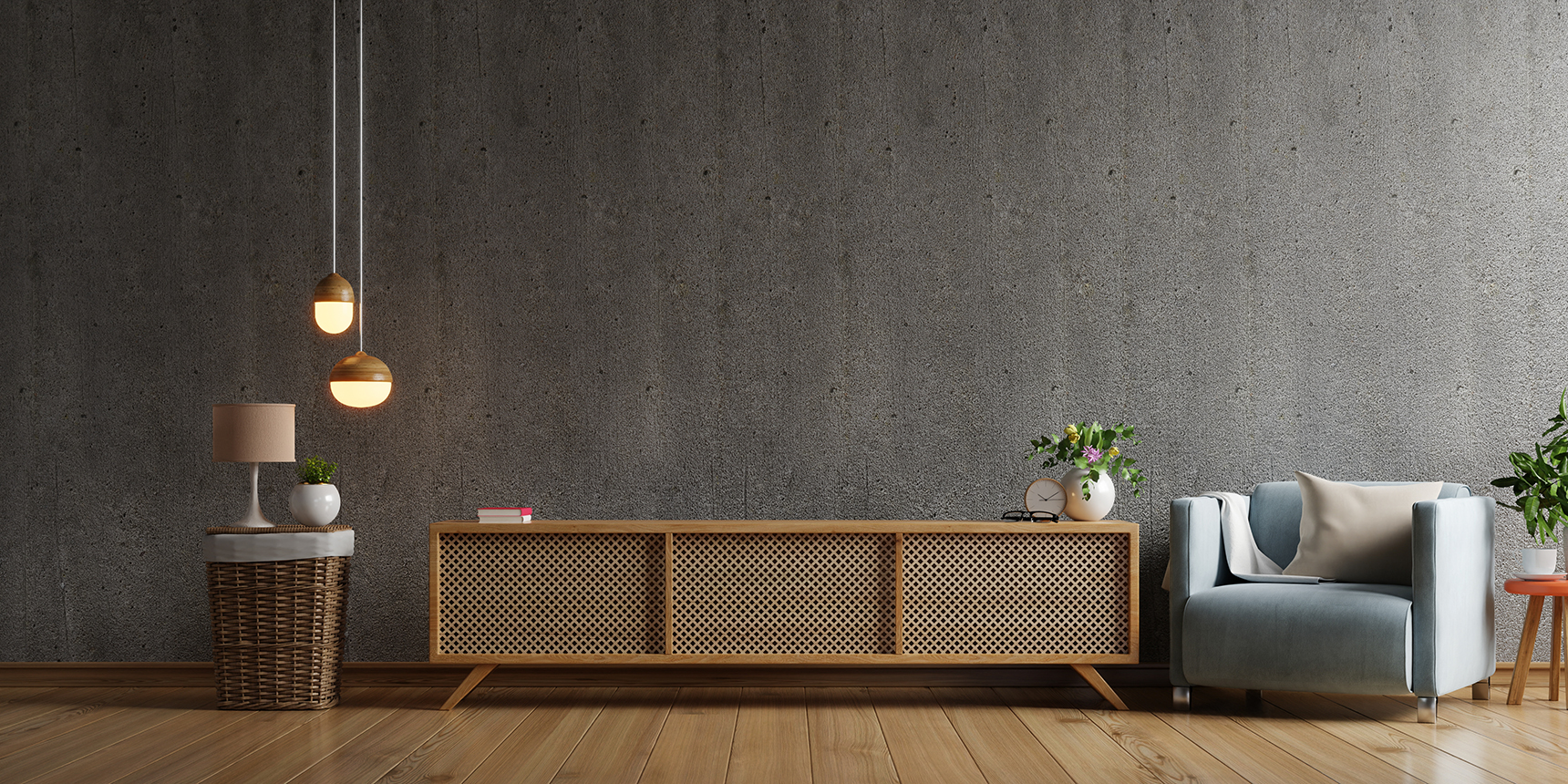 Cabinet TV in modern living room with armchair,lamp,table,flower